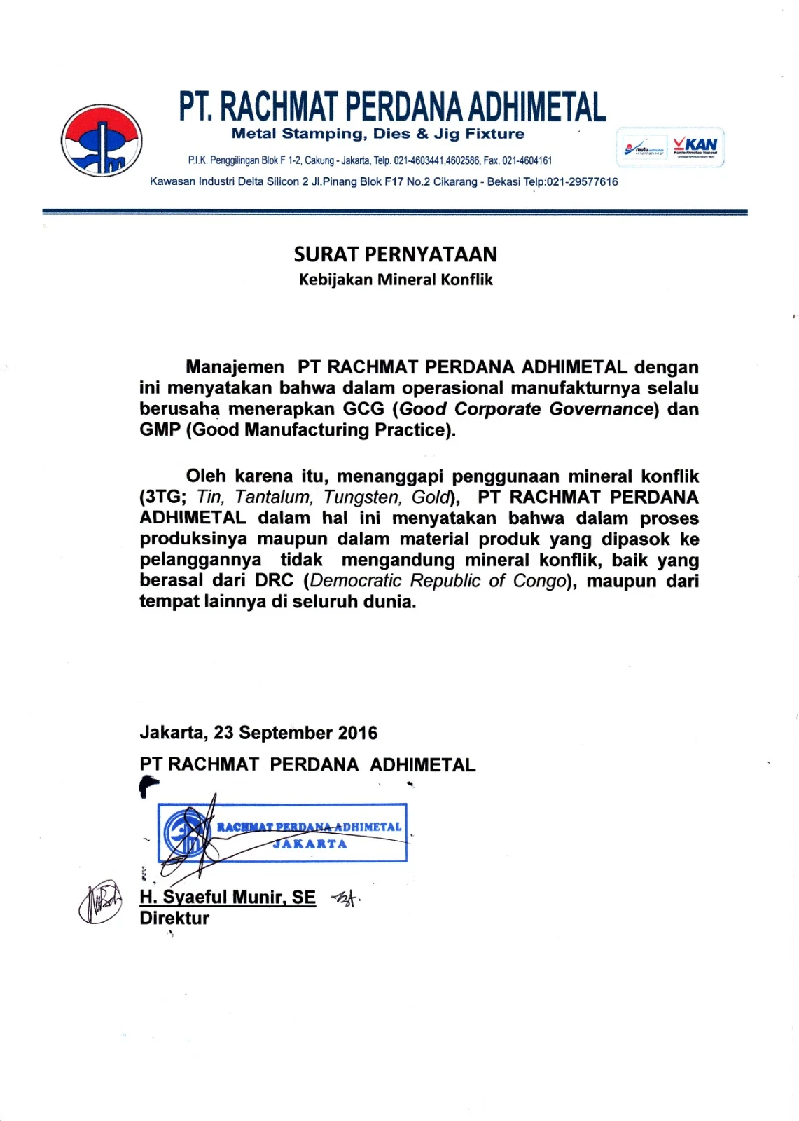 Surat Pernyataan Kebijakan Mineral Konflik